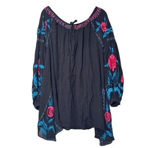 Raja Black Embroidered Floral Boho‎ Off Shoulder Tunic Top Women's Size M